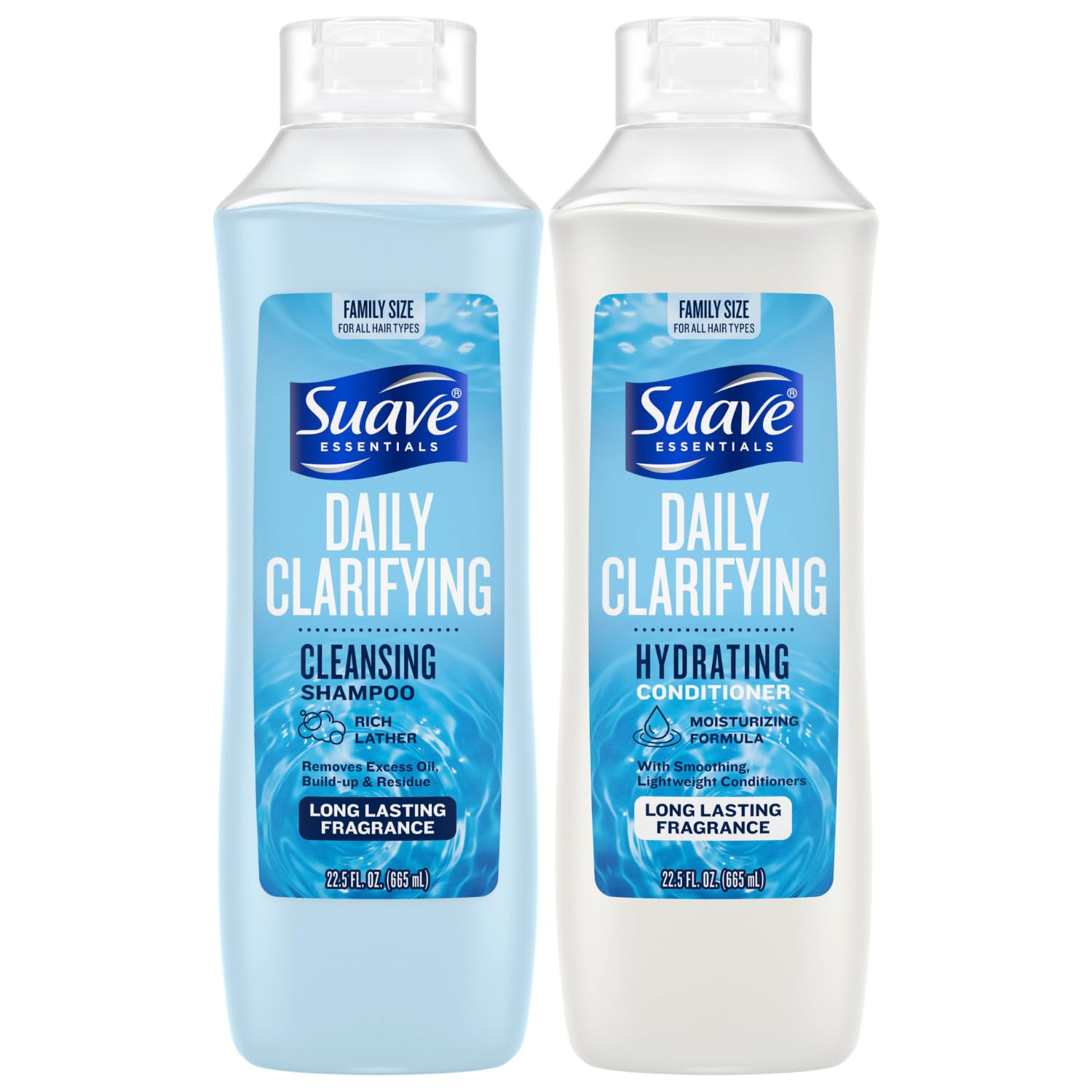 Suave clarifying shampoo bottle close-up; residue removal for cleaner hair.