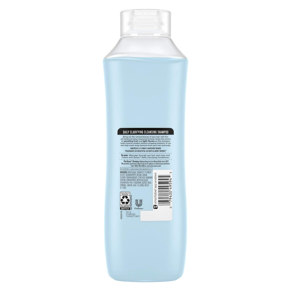 Suave Clarifying Shampoo with fruity-floral scent delivers long-lasting freshness