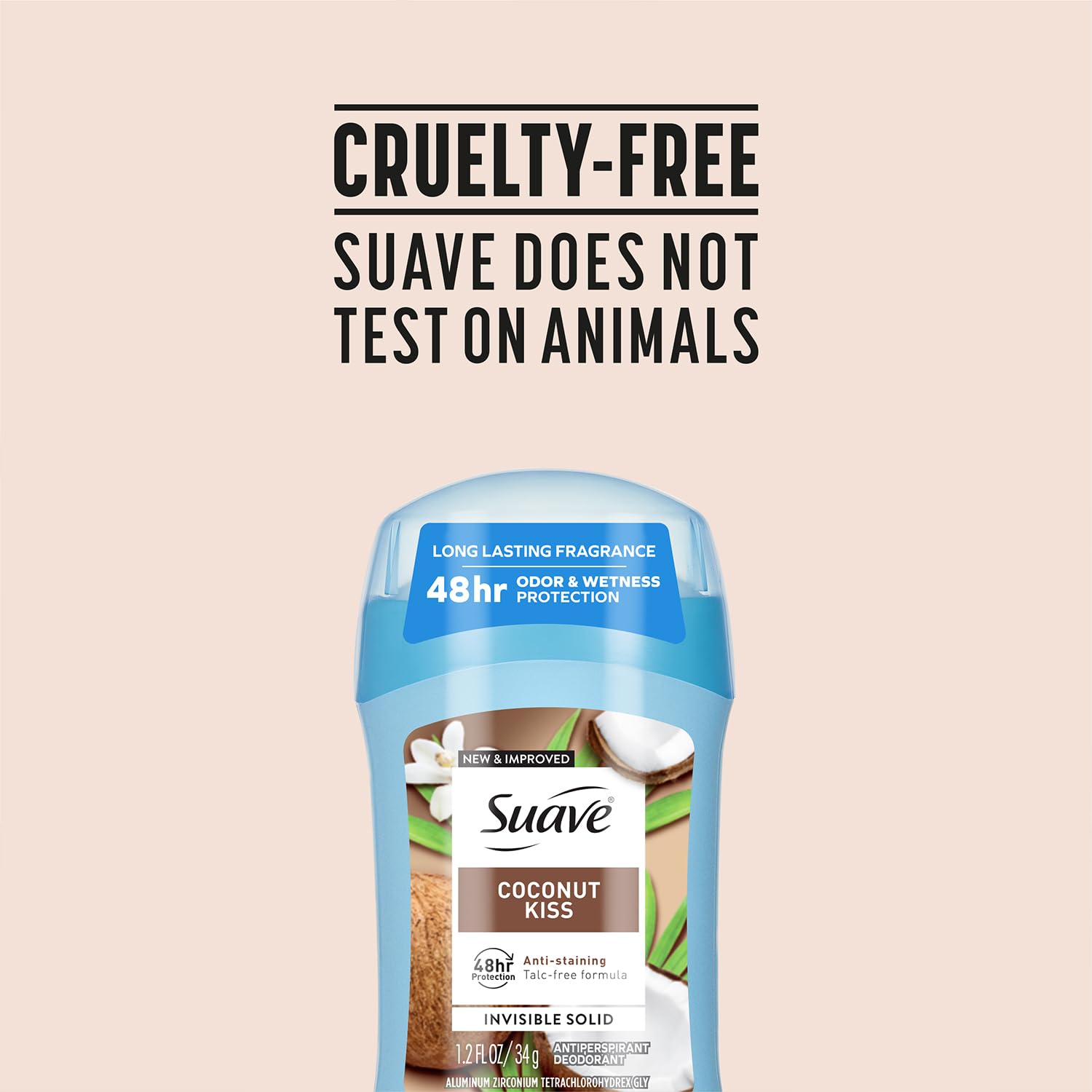 Suave Coconut Kiss anti-staining feature illustration indicates stain-free wear.