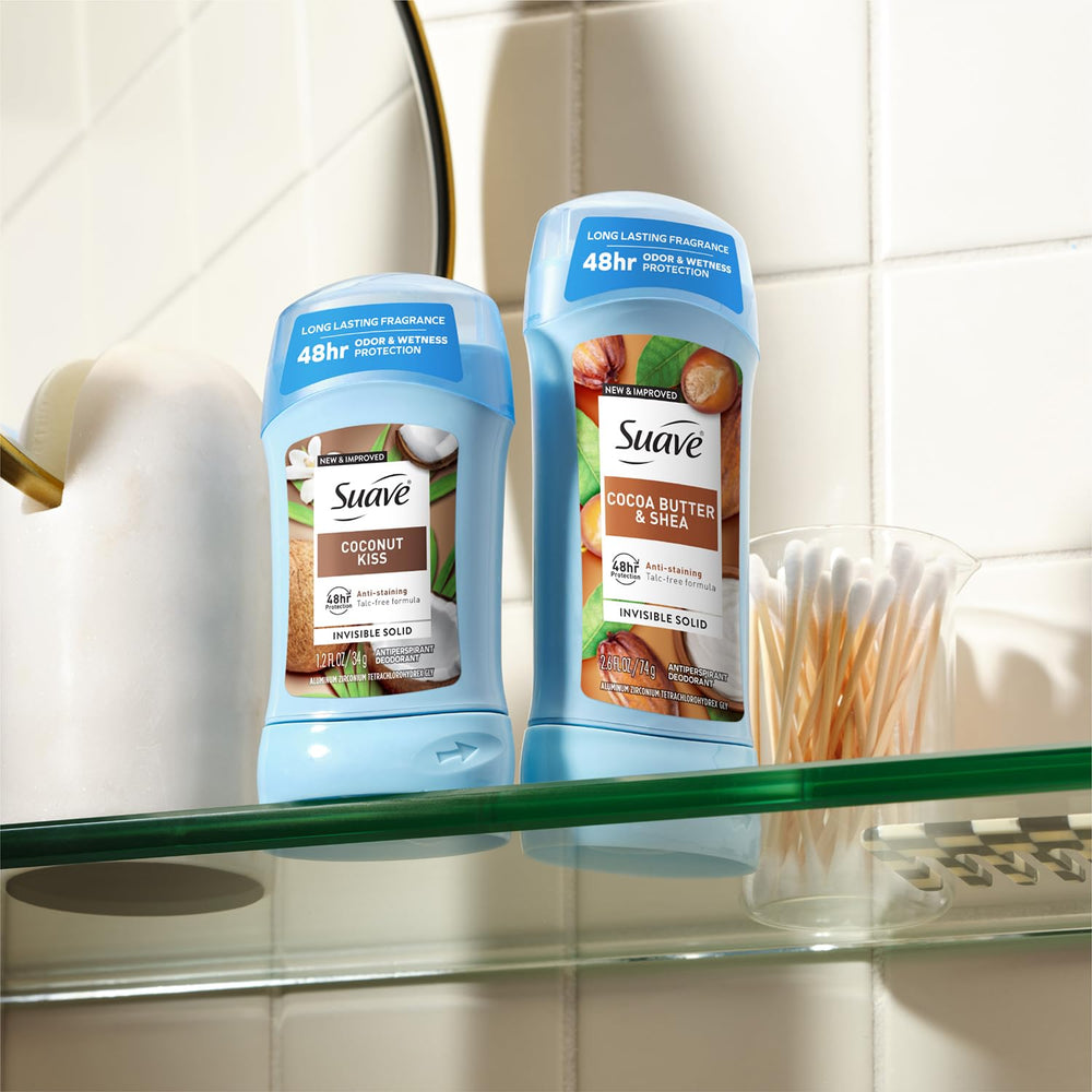 Morning routine scene with Suave Coconut Kiss providing light fragrance