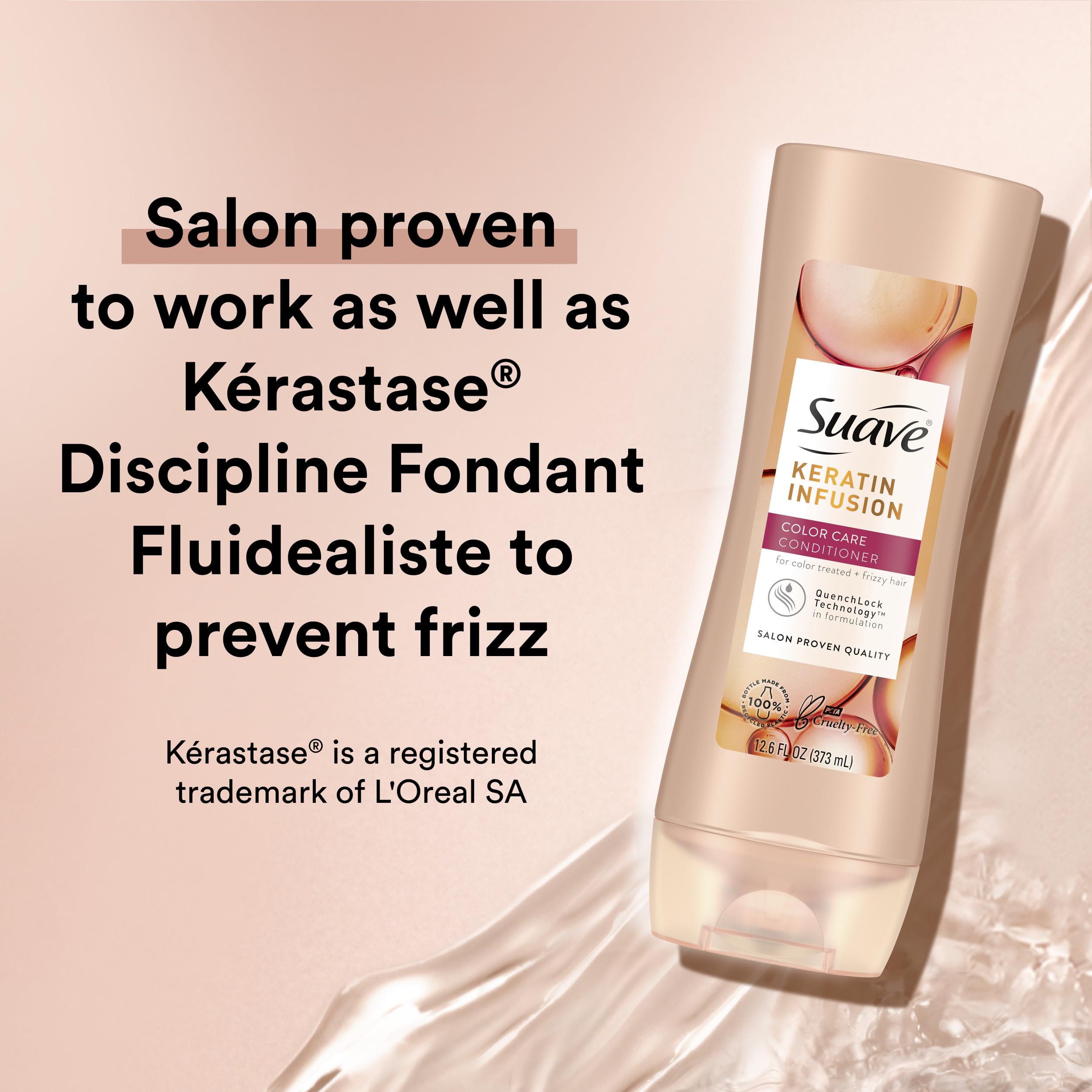 Suave Color-Safe Shampoo application demonstrates gentle cleansing protecting color vibrancy.