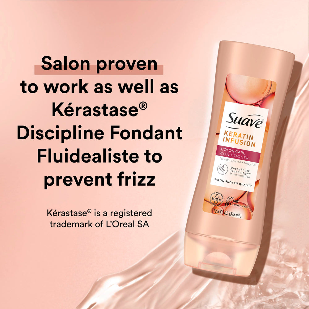 Suave Color-Safe Shampoo application demonstrates gentle cleansing protecting color vibrancy.