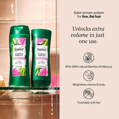 Suave Bamboo & Hibiscus conditioner bottle shows lightweight conditioning for flat hair.