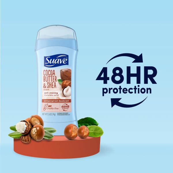 Suave Cocoa Shea Butter Deodorant application close-up shows smooth daily glide.