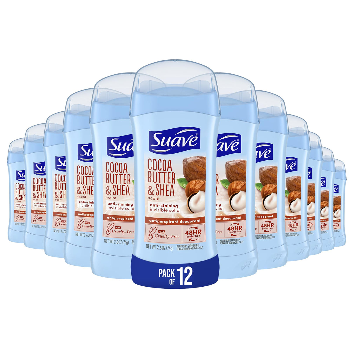 Suave Cocoa Shea Butter Deodorant bottle delivers invisible, all-day freshness.