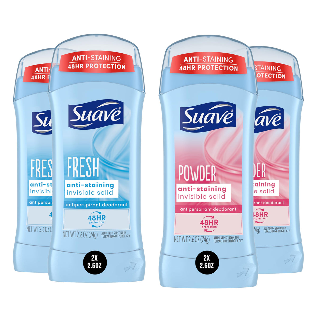 Suave Deodorant Women Powder Fresh Bundle packaging shows four sticks for all-day freshness