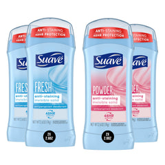 Suave Deodorant Women Powder Fresh Bundle packaging shows four sticks for all-day freshness