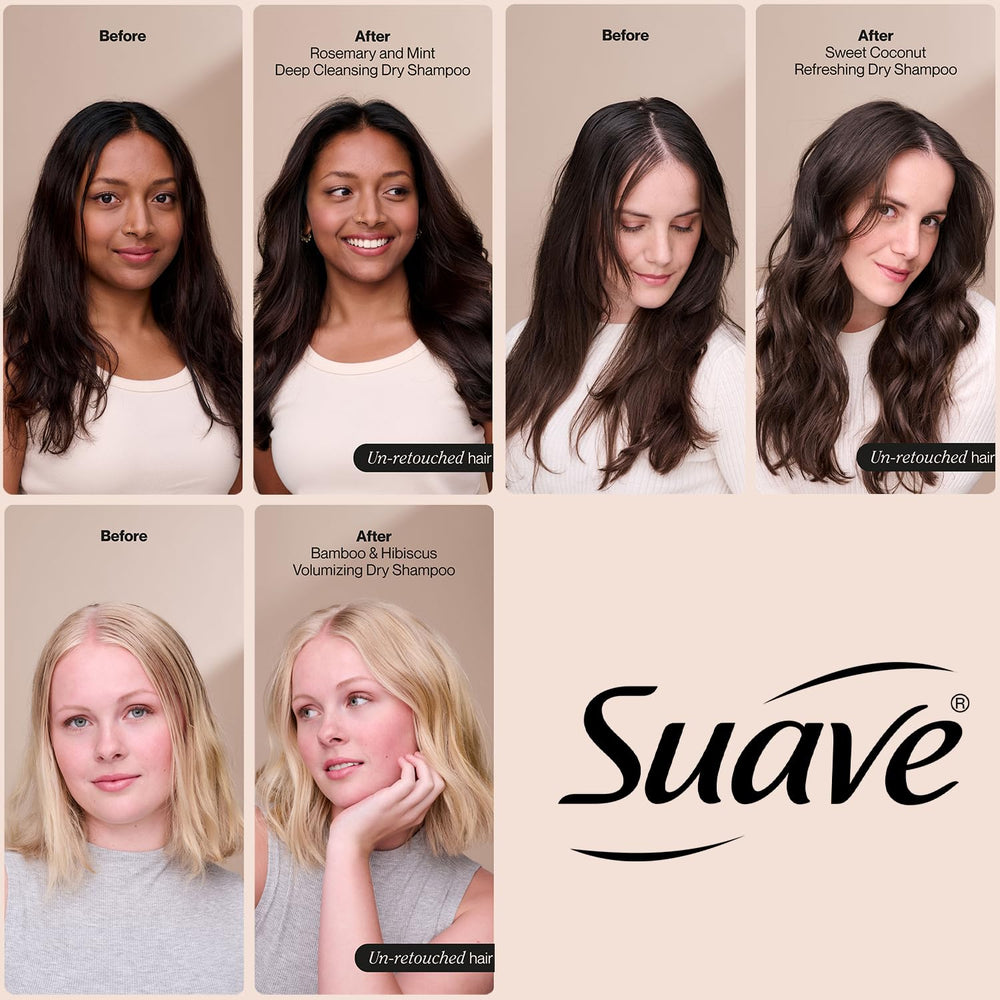 Suave dry shampoo coconut bottle delivers clean scent and oil refresh