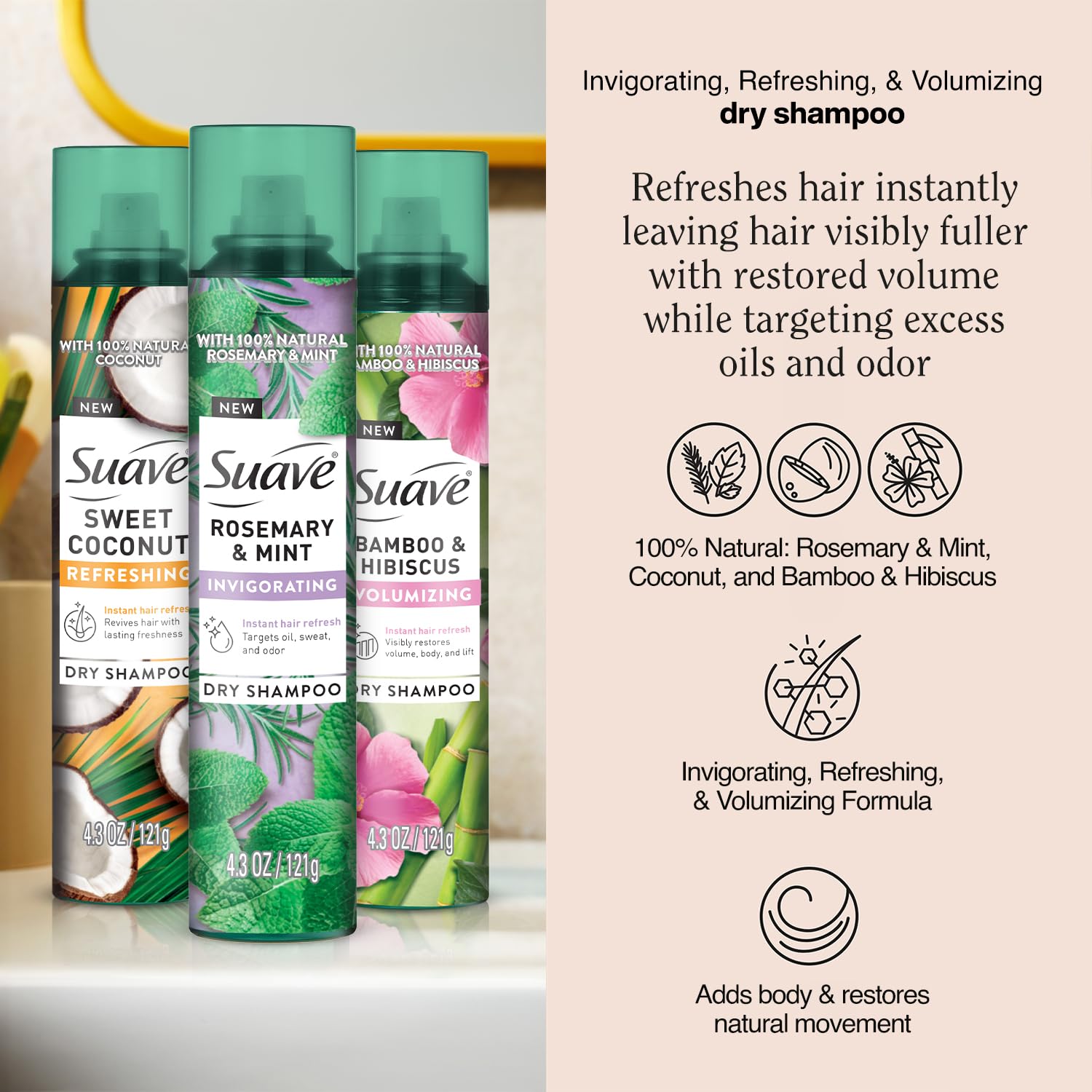 Suave dry shampoo rosemary-mint spritz boosts volume and energy with refreshing aroma