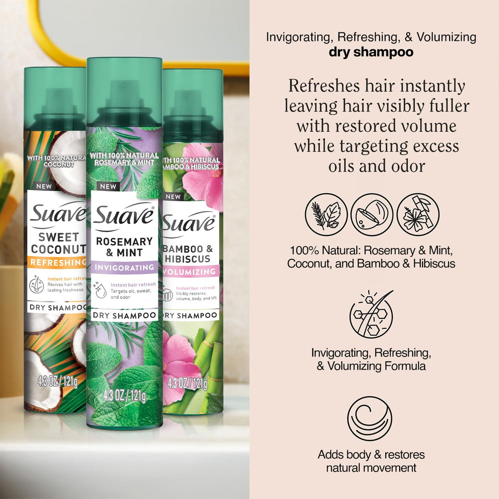 Suave dry shampoo rosemary-mint spritz boosts volume and energy with refreshing aroma