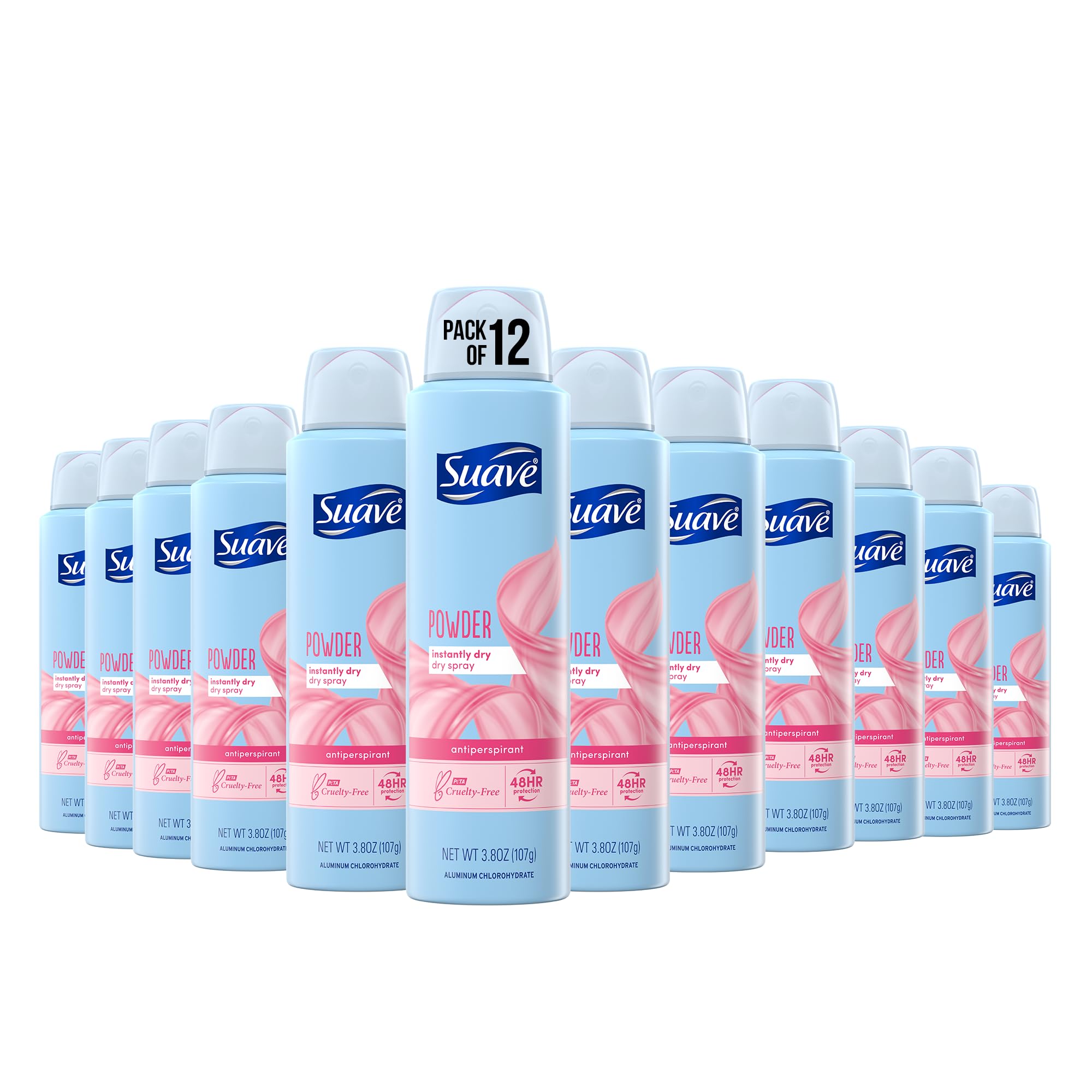 Suave dry spray deodorant application demonstrates quick-dry underarms with long-lasting protection.