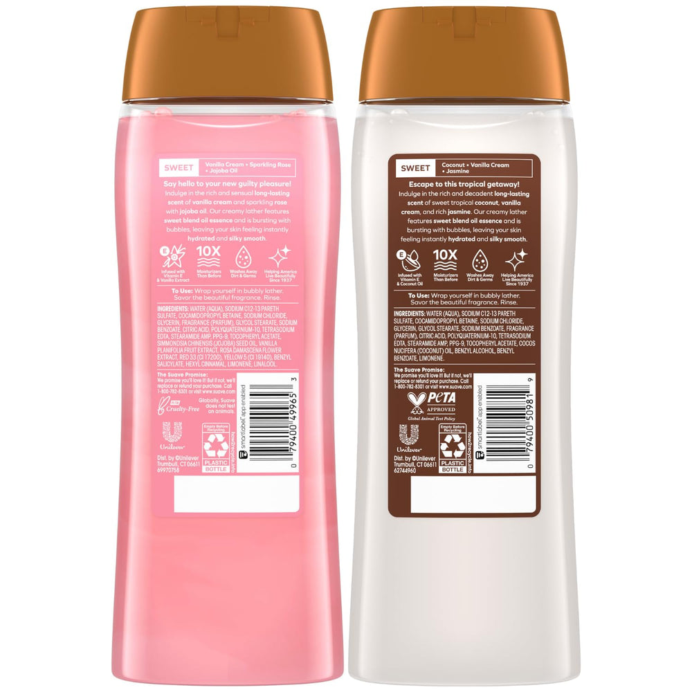 Gel de ducha Suave dos fragancias: vainilla seda y coco beso para variación diaria.