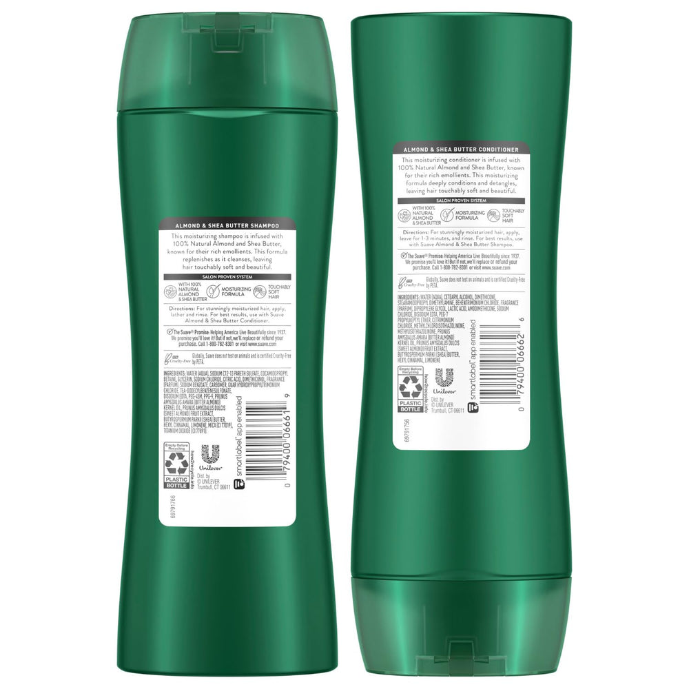 Suave hair-care routine shot with both bottles in use, promoting daily moisture.