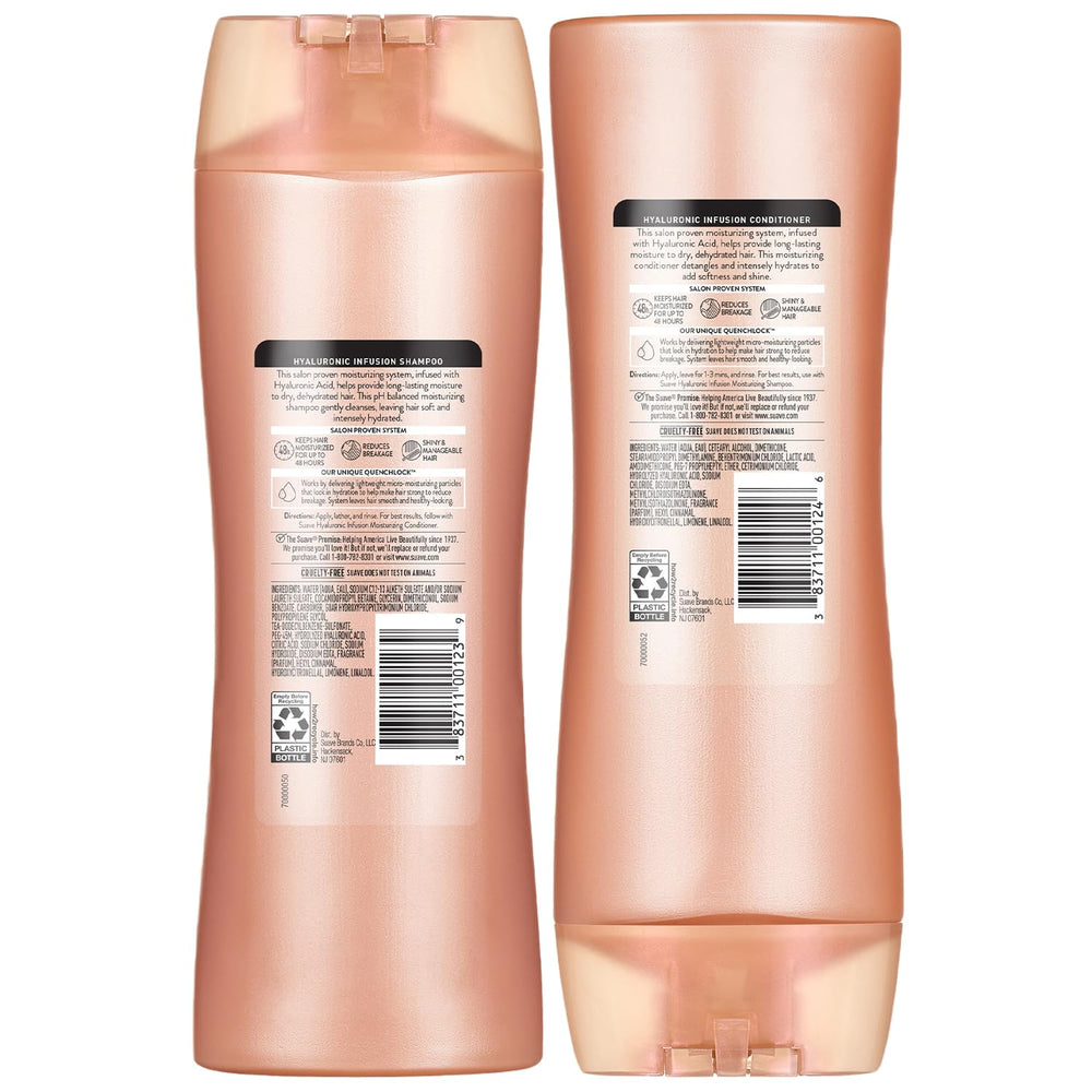 Suave Hyaluronic Infusion ingredients closeup highlights hyaluronic infusion for lasting moisture