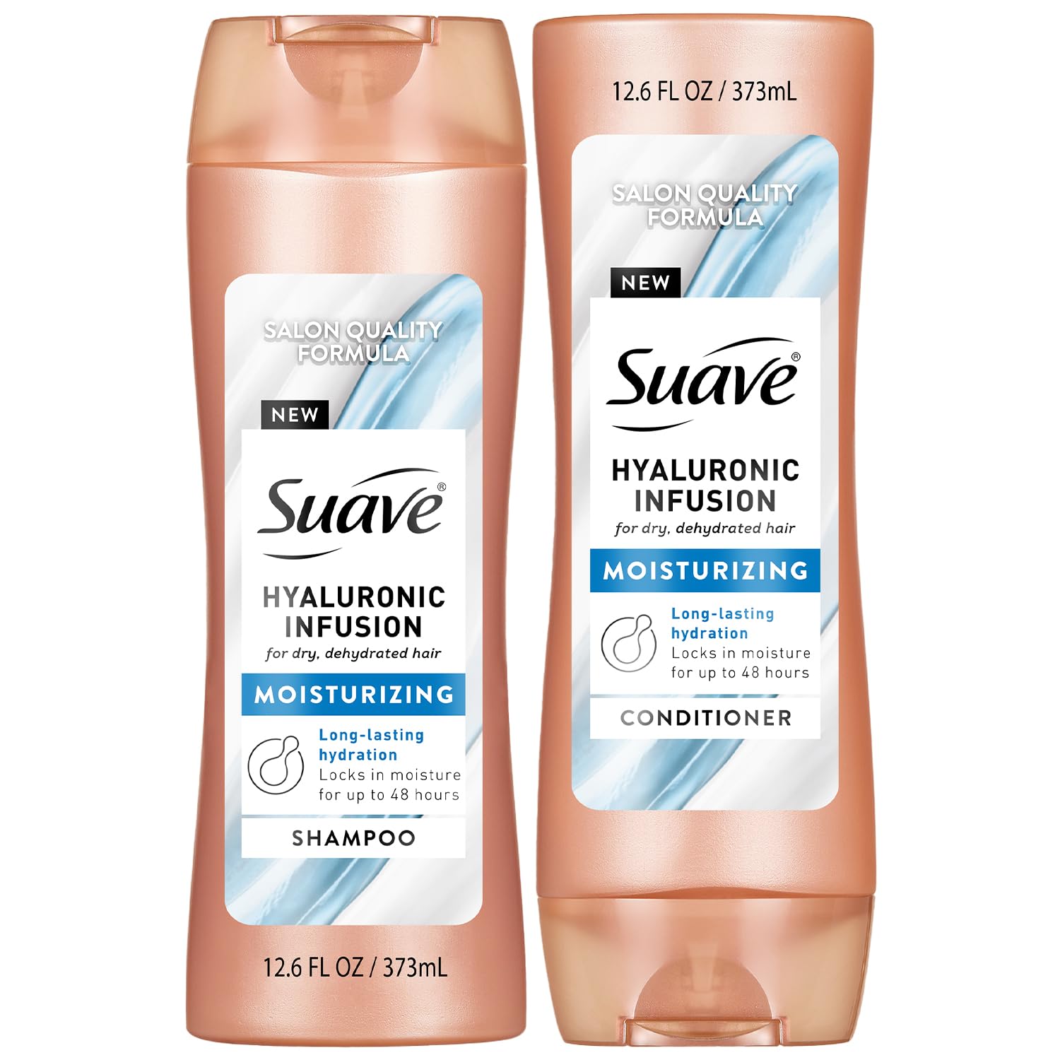 Suave Hyaluronic Infusion shampoo bottle demonstrates light hydration for smoother hair after wash