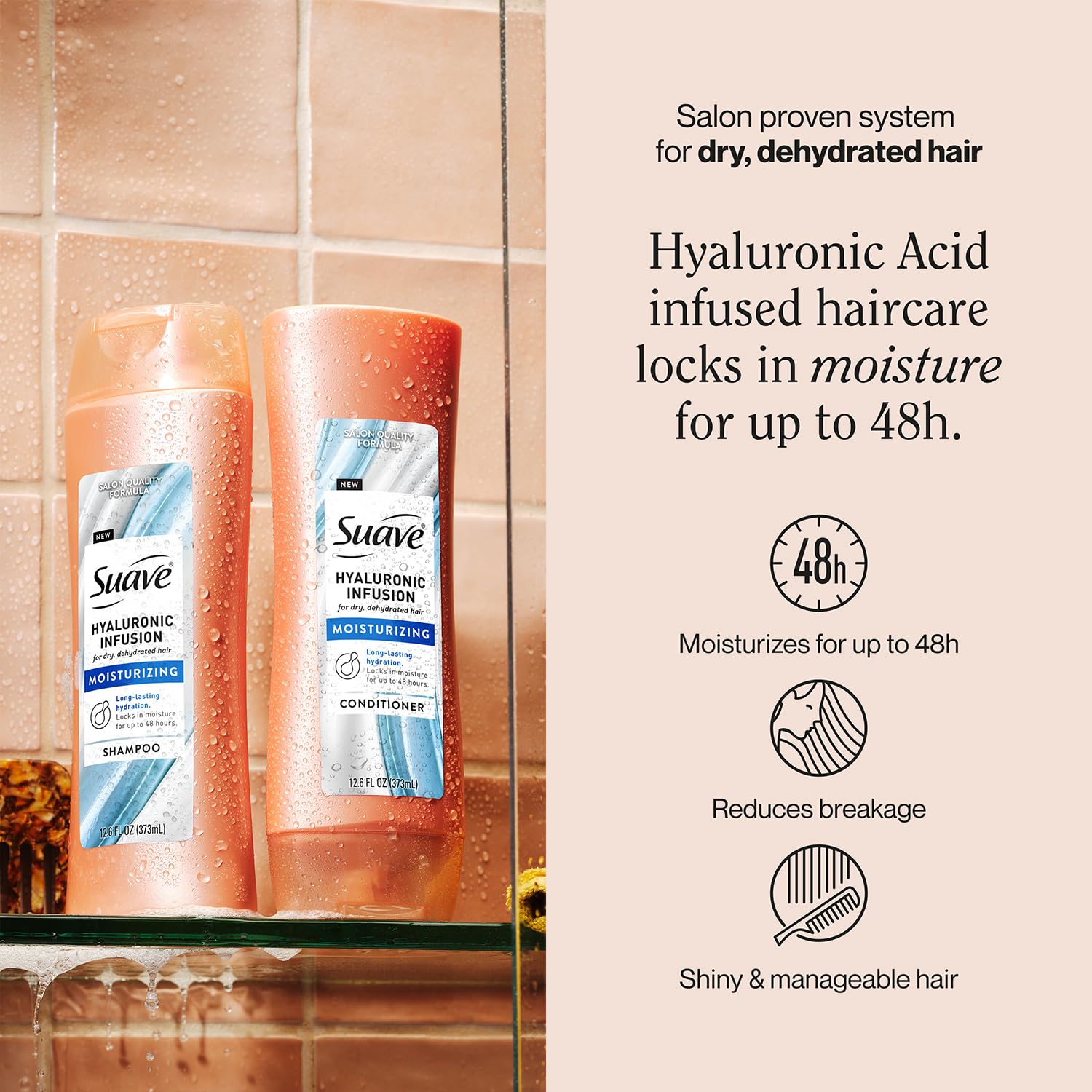 Suave Hyaluronic Infusion shampoo lather demonstrates lightweight hydration across strands