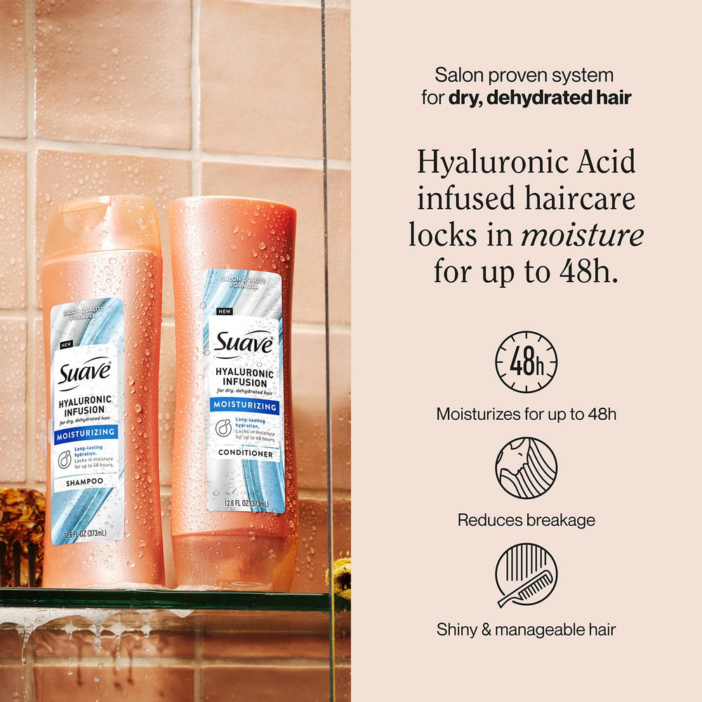 Suave Hyaluronic Infusion shampoo lather demonstrates lightweight hydration across strands