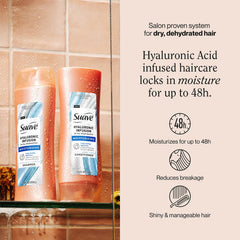 Suave Hyaluronic Infusion shampoo lather demonstrates lightweight hydration across strands