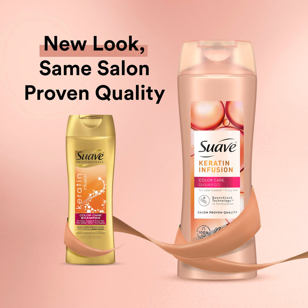 Suave Keratin Infusion conditioner bottle demonstrates detangler-friendly hydration for silky strands.