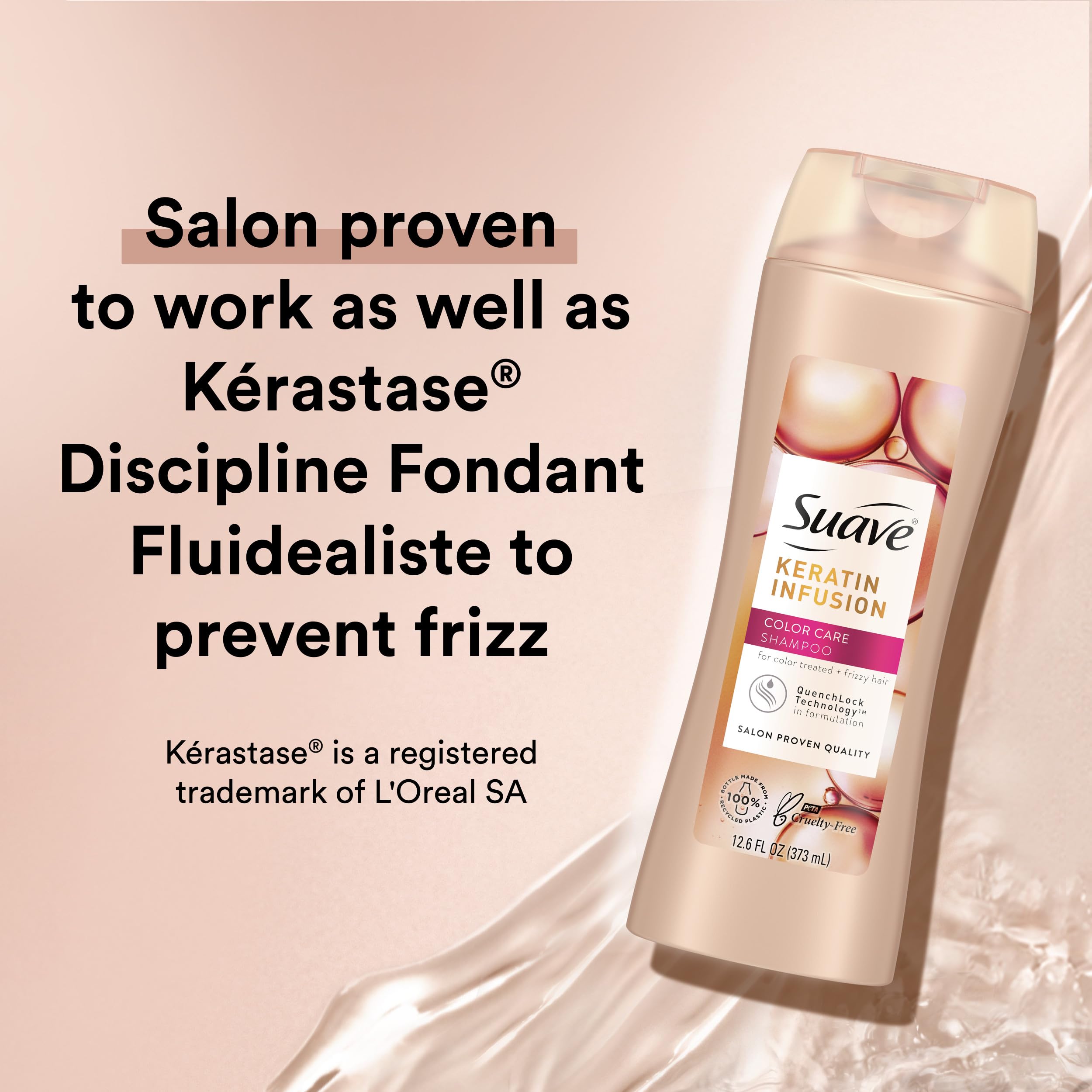 Suave Keratin Infusion conditioner close-up reveals smooth, manageable hair with light moisture.
