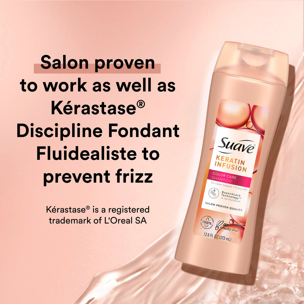 Suave Keratin Infusion conditioner close-up reveals smooth, manageable hair with light moisture.