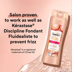 Suave Keratin Infusion conditioner close-up reveals smooth, manageable hair with light moisture.