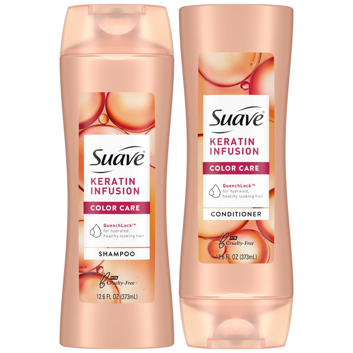 Suave Keratin Infusion shampoo bottle shows color-safe cleansing for frizz-prone hair.