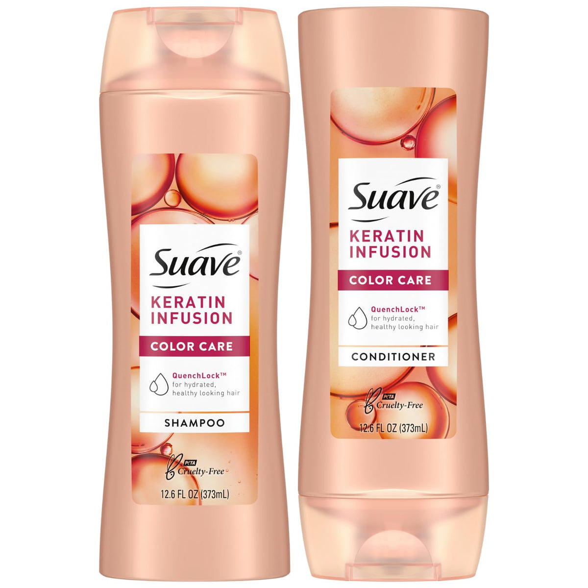 Suave Keratin Infusion shampoo bottle shows color-safe cleansing for frizz-prone hair.