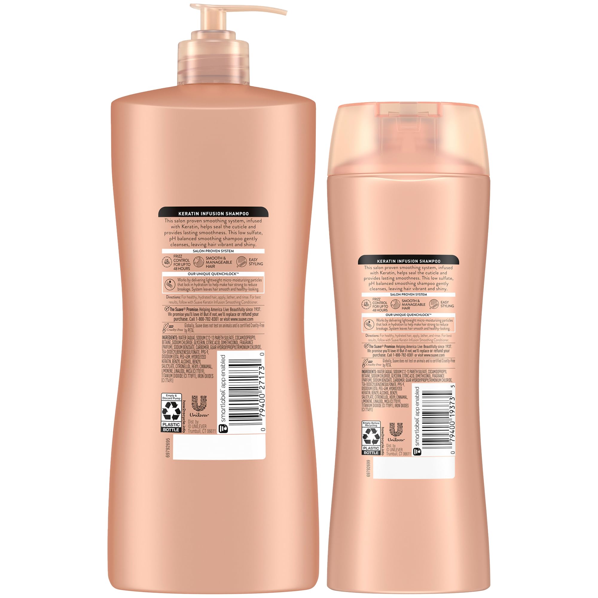 Cruelty free badge on Suave Keratin Infusion Shampoo packaging