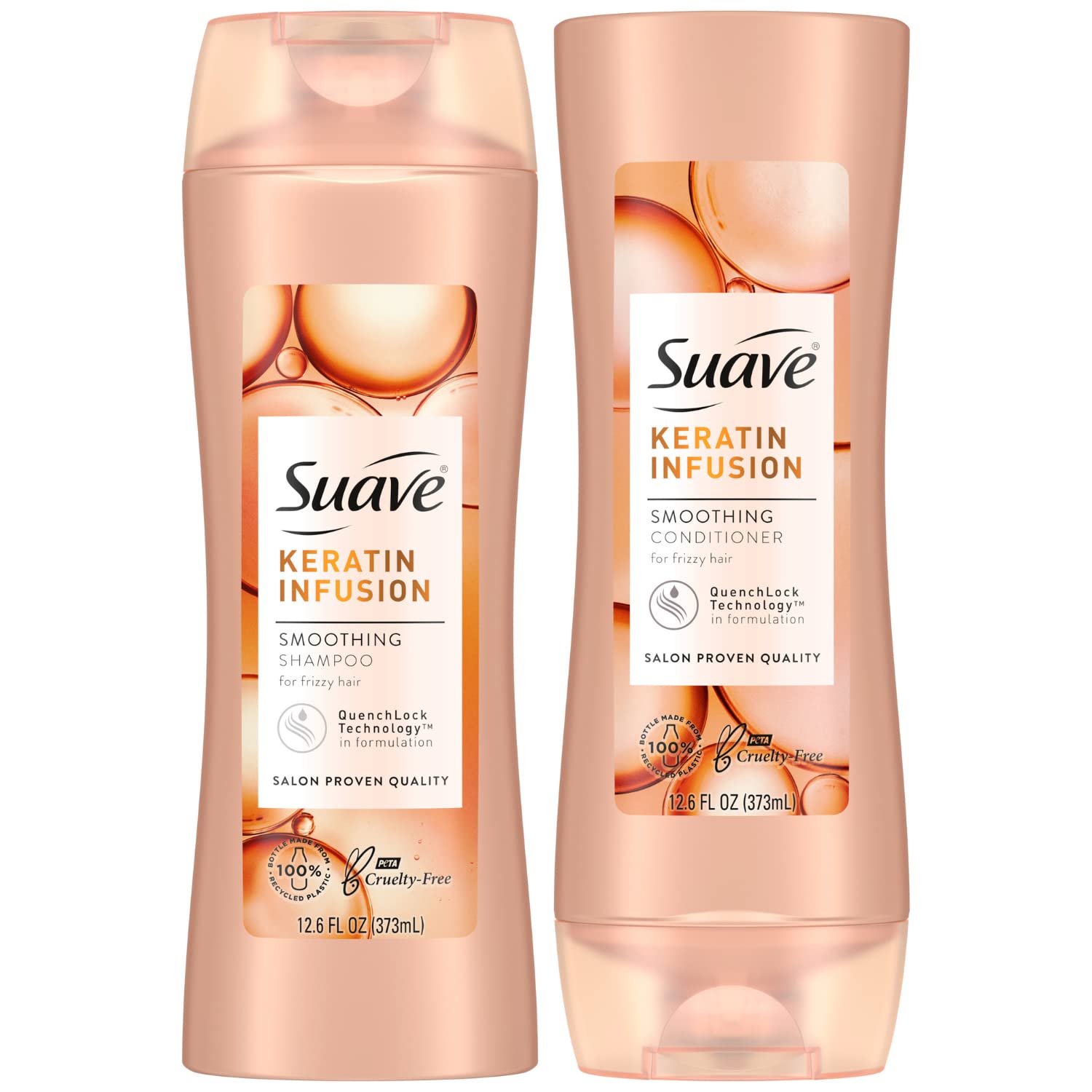 Suave Keratin Shampoo bottle smooths hair with keratin infusion