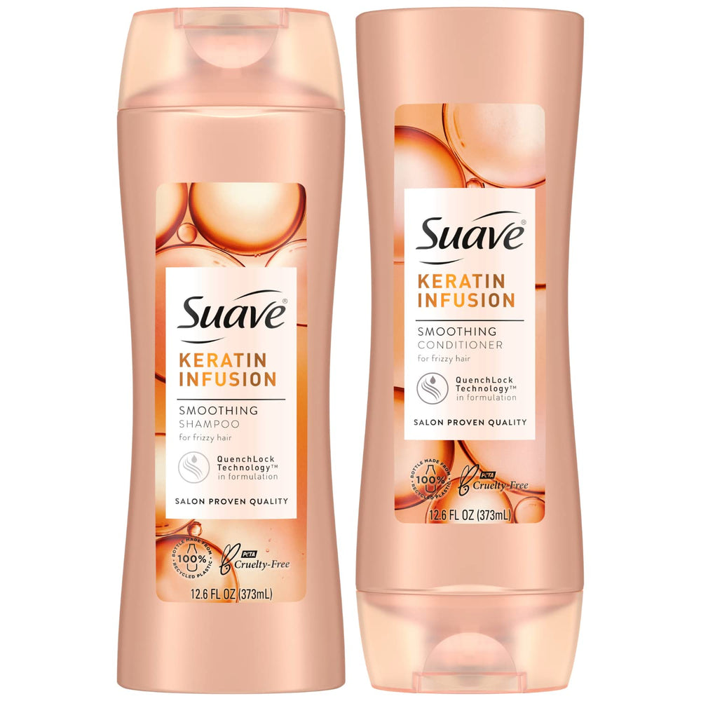 Suave Keratin Shampoo bottle smooths hair with keratin infusion