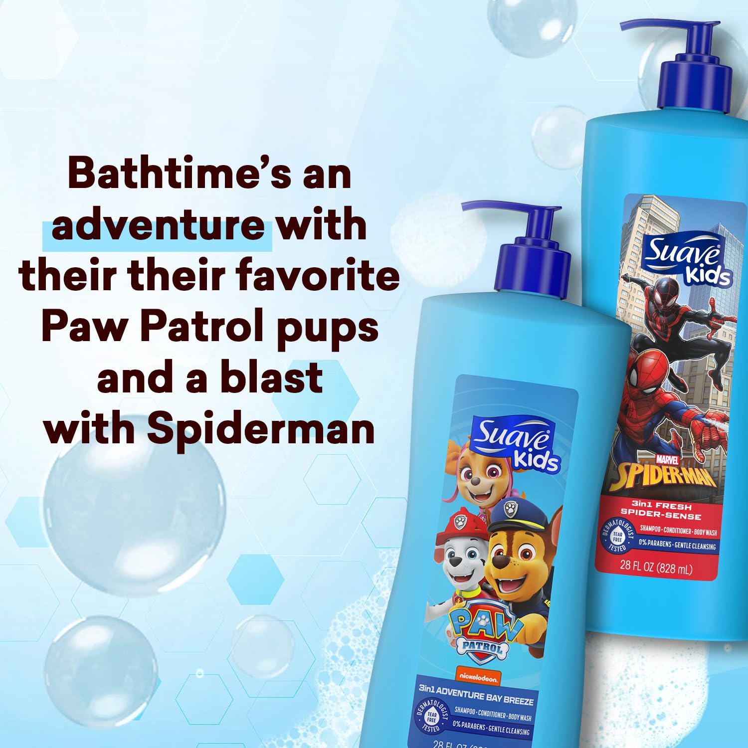 Suave Kids 3-in-1 Spiderman spider-sense label highlights fun scent and safe cleansing