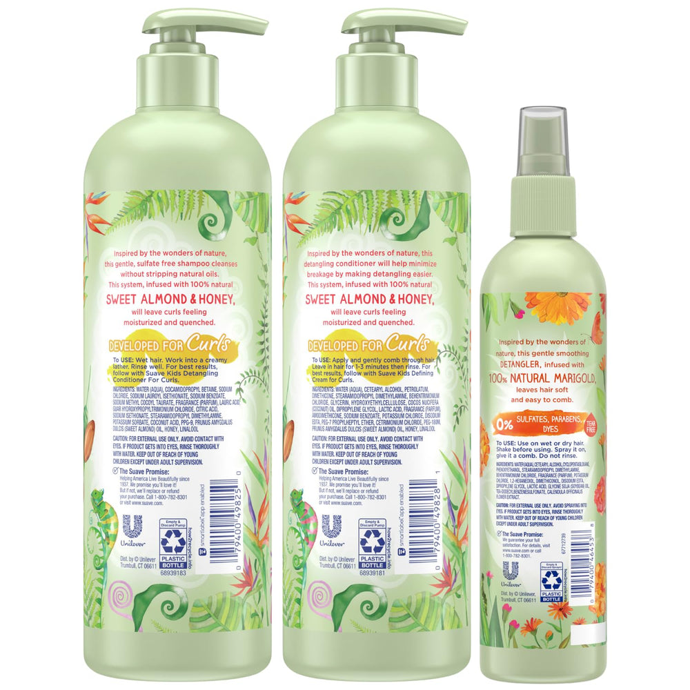 Suave Kids conditioner bottle highlighting detangling for defined curls
