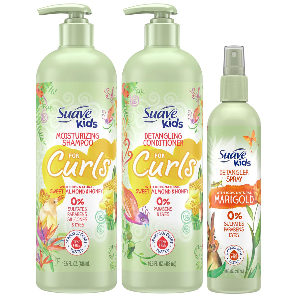 Suave Kids shampoo bottle showing curls-friendly formula for gentle cleansing of curly hair