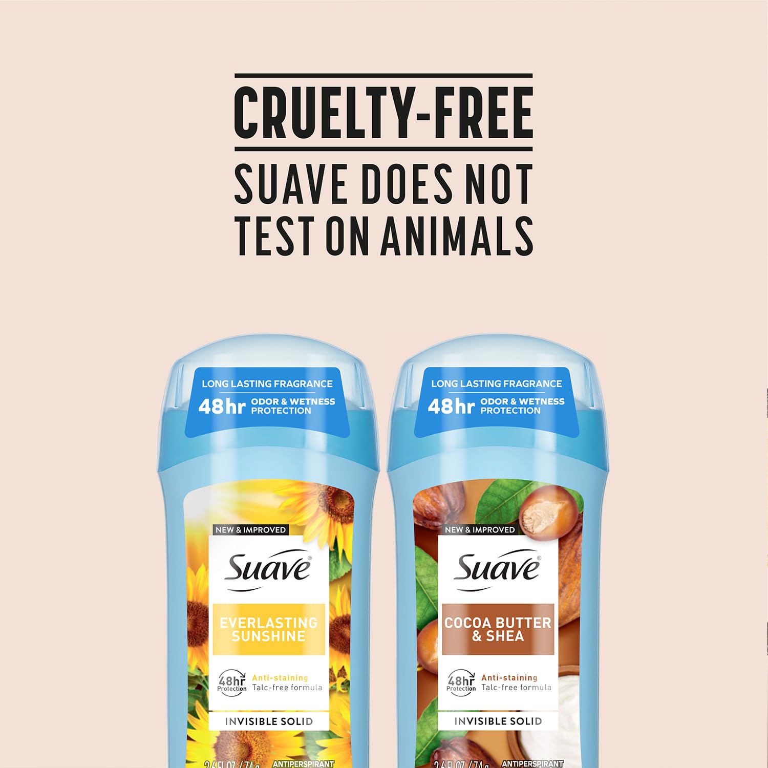 Suave mango citrus packaging on bathroom shelf for quick access.