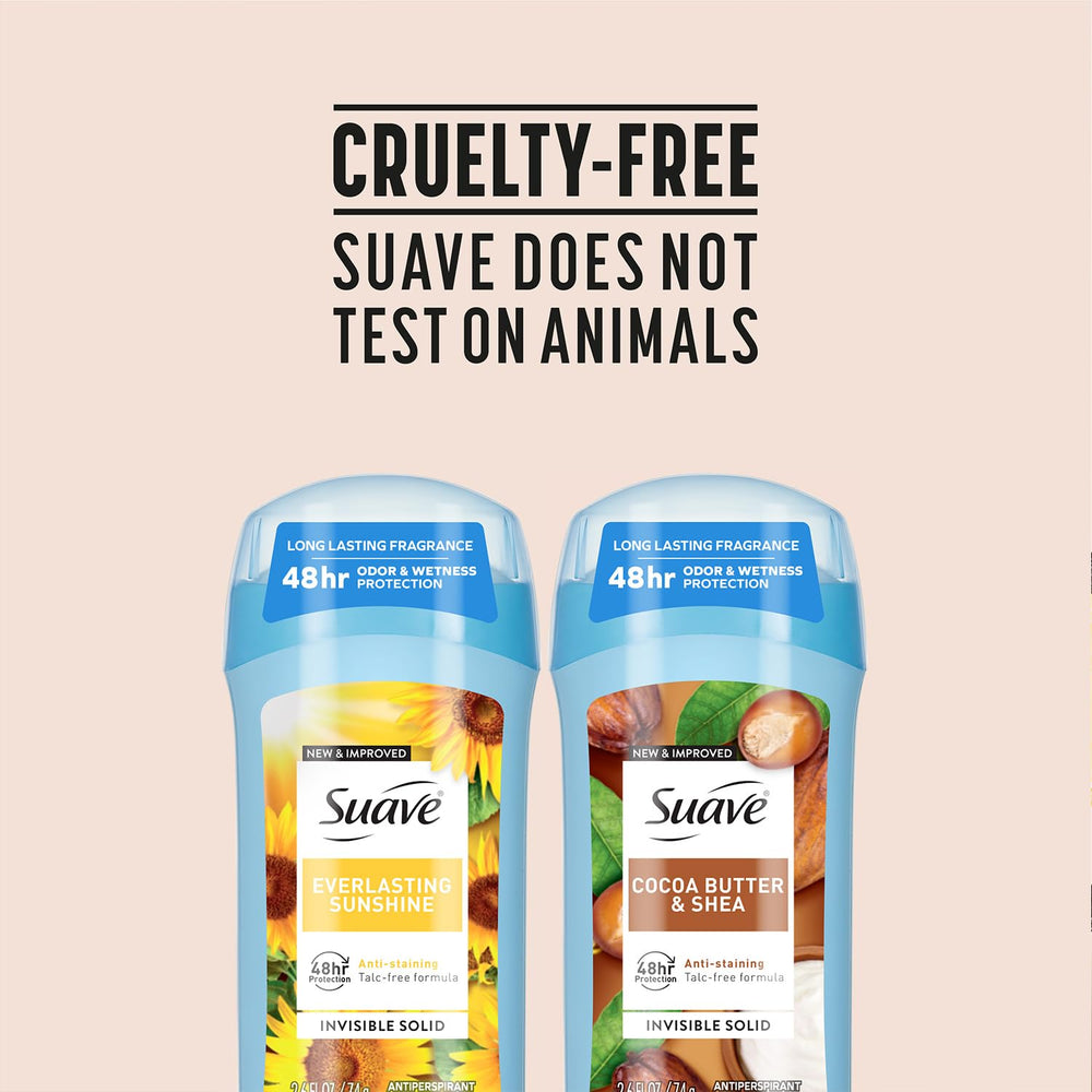Suave mango citrus packaging on bathroom shelf for quick access.