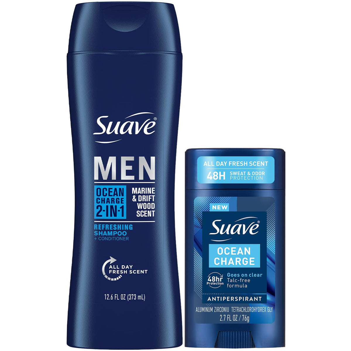 Suave Men Ocean Charge 2in1 shampoo bottle pour delivers refreshing cleanse