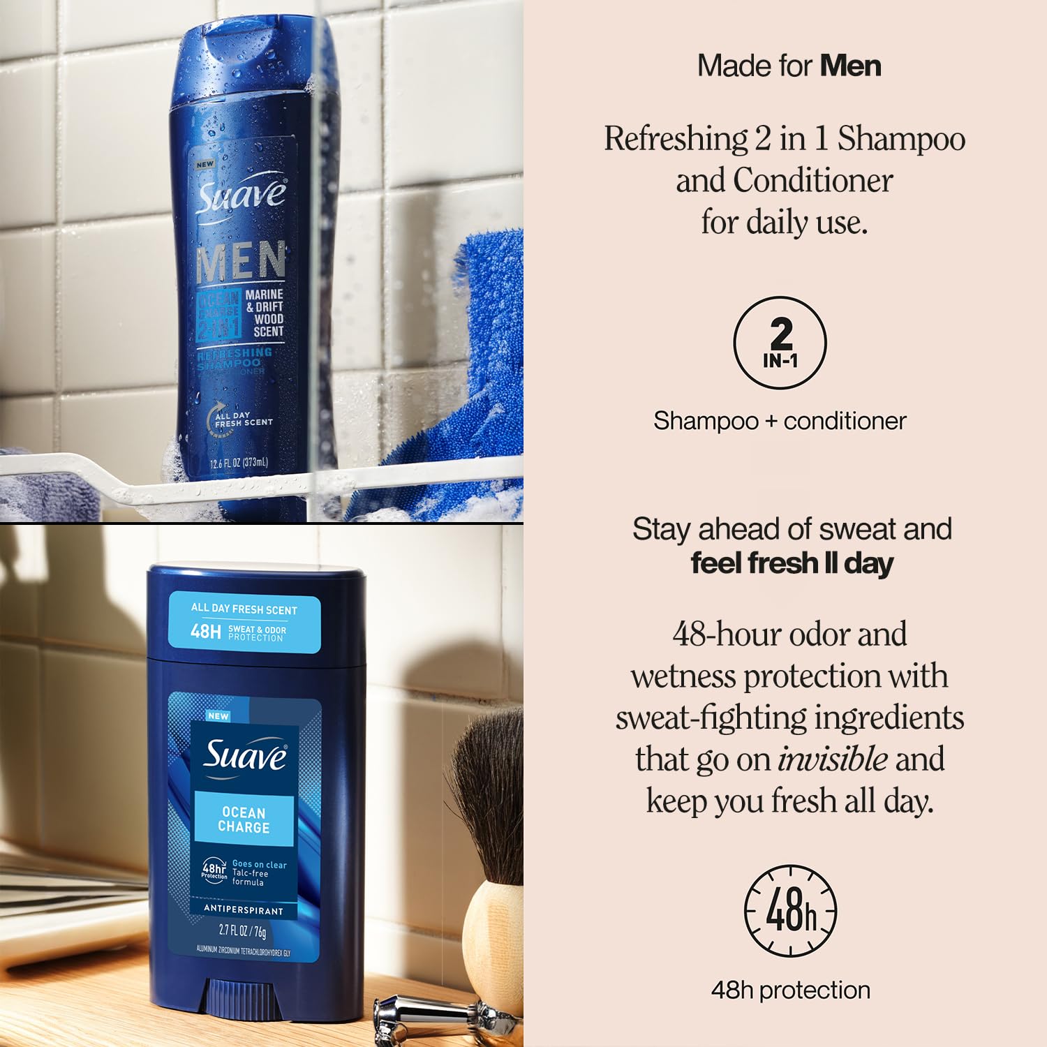 Suave Men Ocean Charge 2in1 shampoo lather highlights clean, hydrated hair