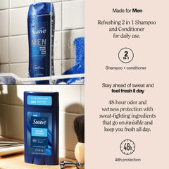 Suave Men Ocean Charge 2in1 shampoo lather highlights clean, hydrated hair