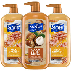 Suave Milk and Honey body wash bottle with rich foam for gentle moisturizing