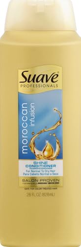 Close-up of Suave Moroccan Infusion conditioner label highlighting argan oil.