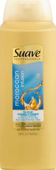 Close-up of Suave Moroccan Infusion conditioner label highlighting argan oil.