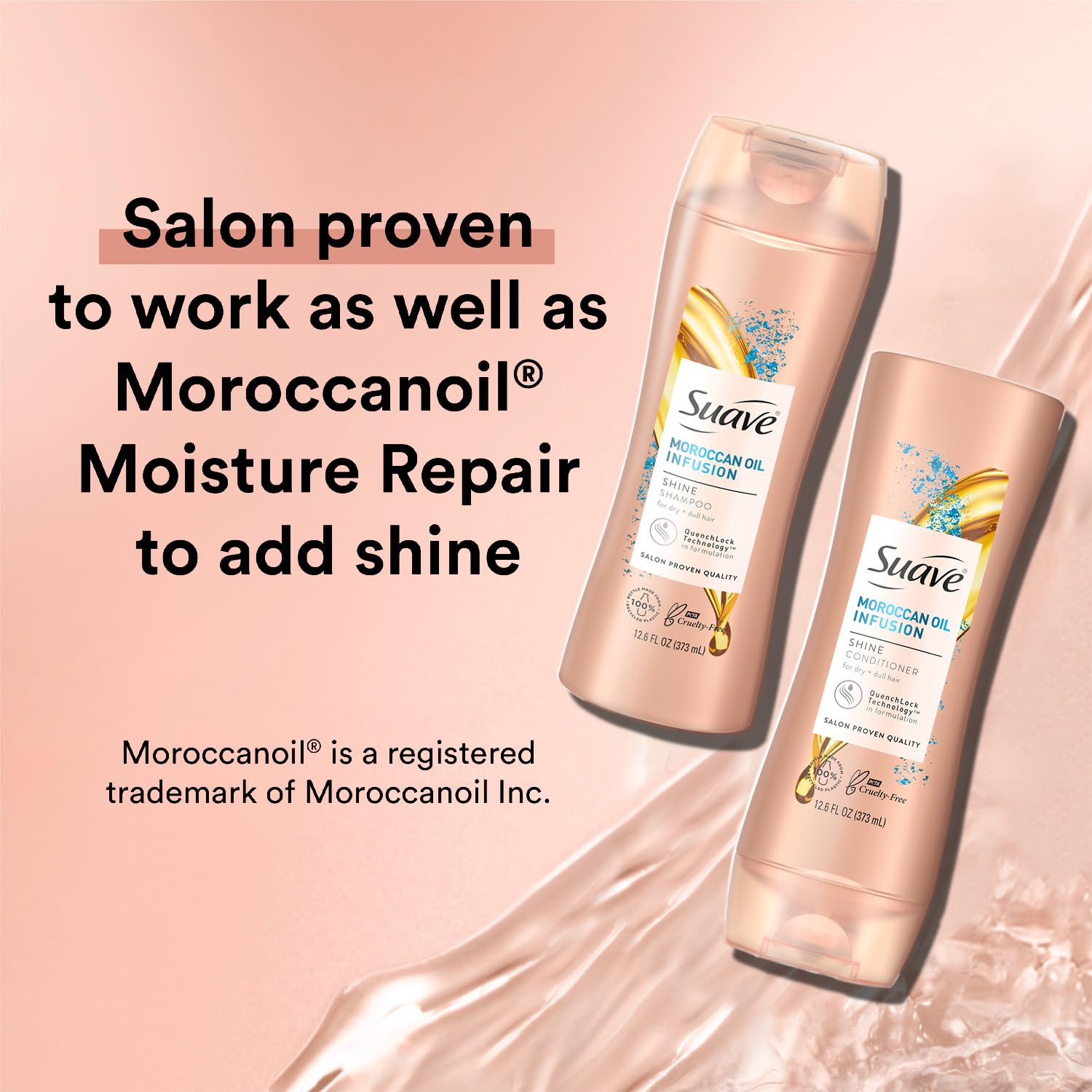 Suave Moroccan Oil Infusion conditioner bottle demonstrates detangling and frizz-control benefits.