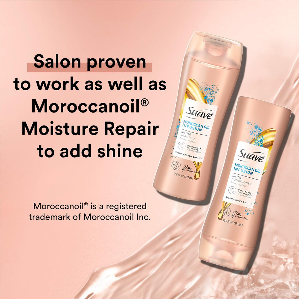 Suave Moroccan Oil Infusion conditioner bottle demonstrates detangling and frizz-control benefits.