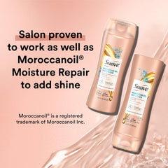 Suave Moroccan Oil Infusion conditioner bottle demonstrates detangling and frizz-control benefits.