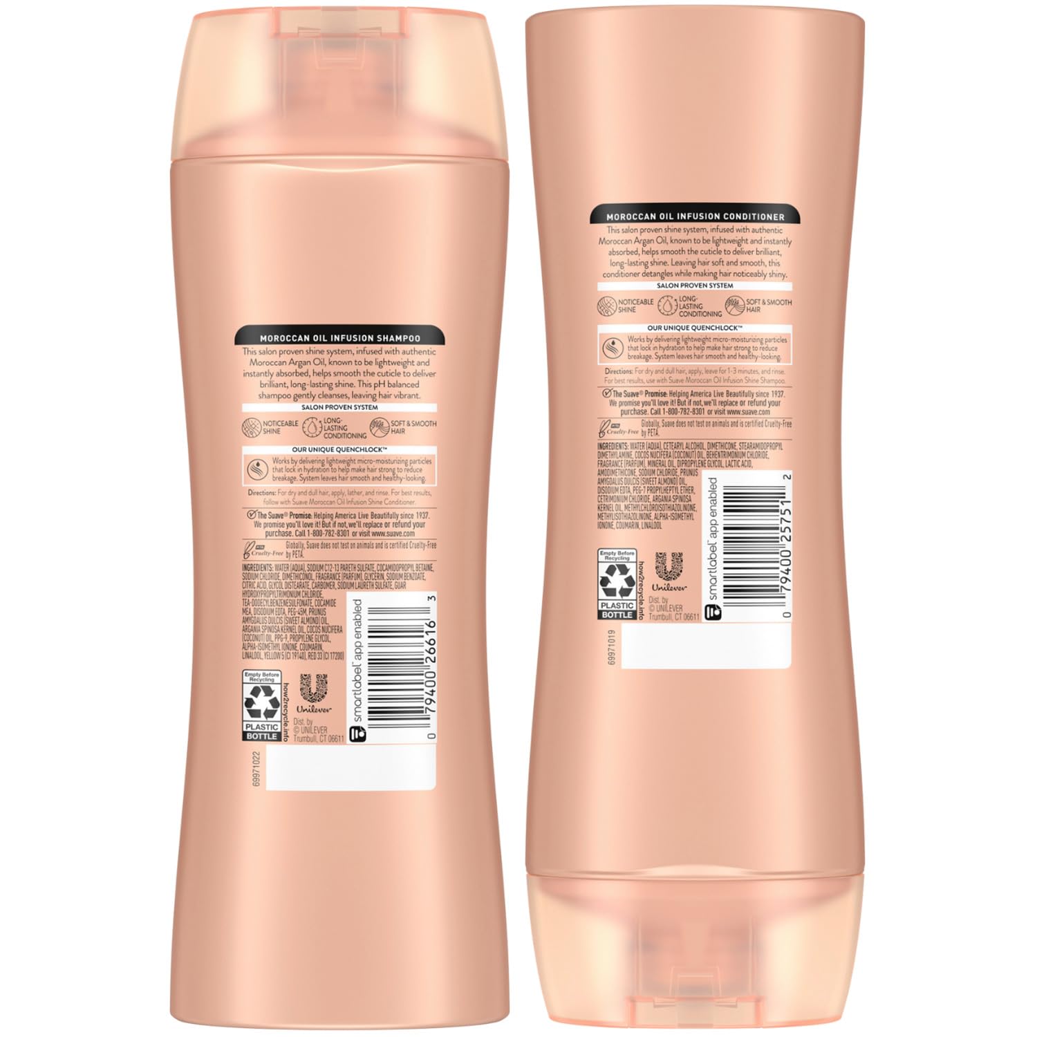 Suave Moroccan Oil Infusion packaging close-up reinforces cruelty-free branding and argan care.