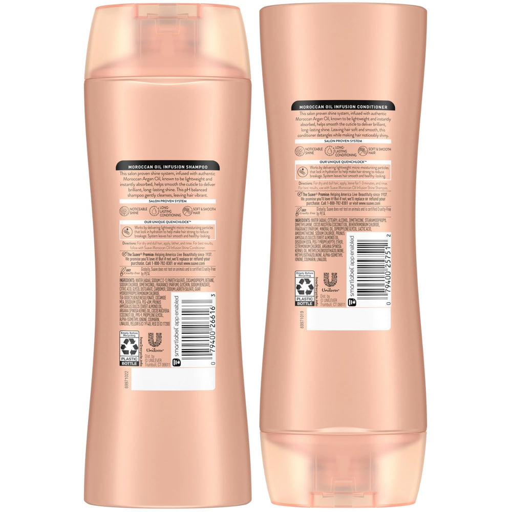 Suave Moroccan Oil Infusion packaging close-up reinforces cruelty-free branding and argan care.