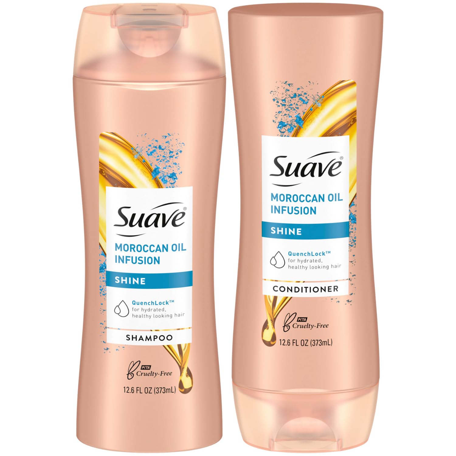 Suave Moroccan Oil Infusion shampoo bottle shows argan oil for smooth, shiny hair.