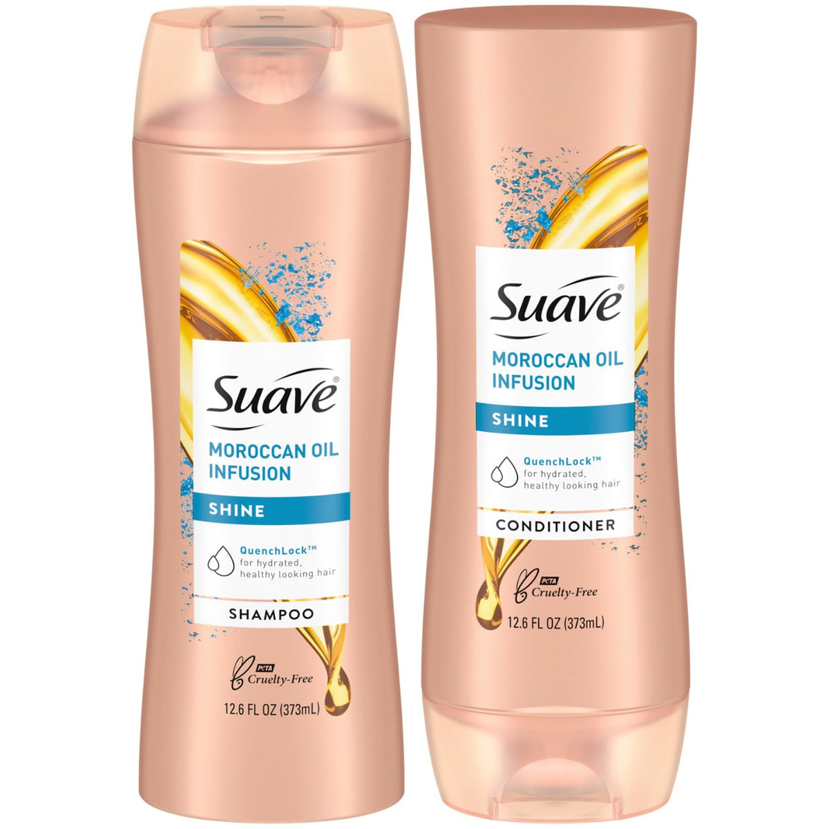 Suave Moroccan Oil Infusion shampoo bottle shows argan oil for smooth, shiny hair.