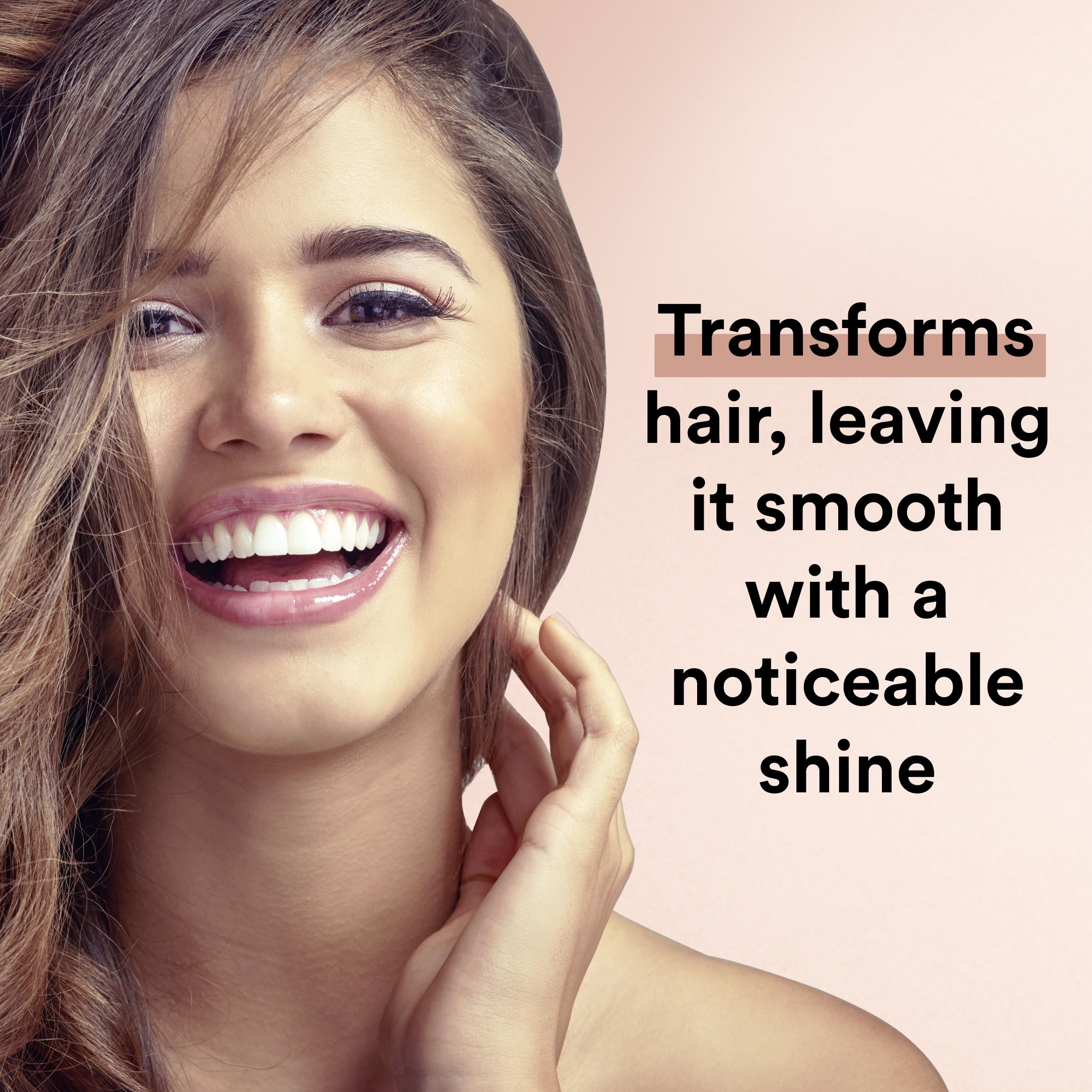 Suave Moroccan Oil Infusion shampoo pour image emphasizes easy detangling during cleansing.